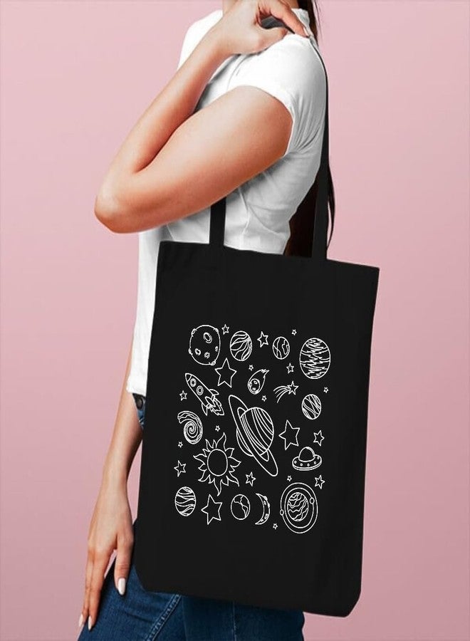 Roundsun Cotton Canvas Printed Vertical Women Tote Bag | 300 GSM Cloth |100% Organic Cotton | Shopping/Grocery Bag | Zip Clouser | Multi-Purpose Bag | Reusable (Universe, Black) - Image 3
